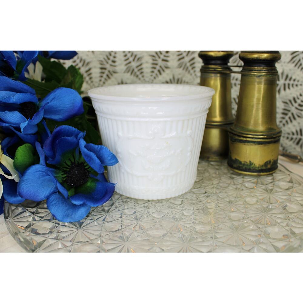 Vintage White Milk Glass Embossed Ribbed Greek Planter Pot
